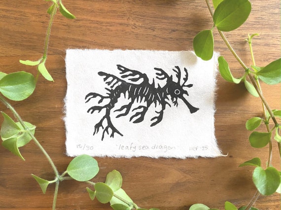 Leafy Seadragon Mini Linocut - seahorse lino print, original animal art, marine life decor, tiny print