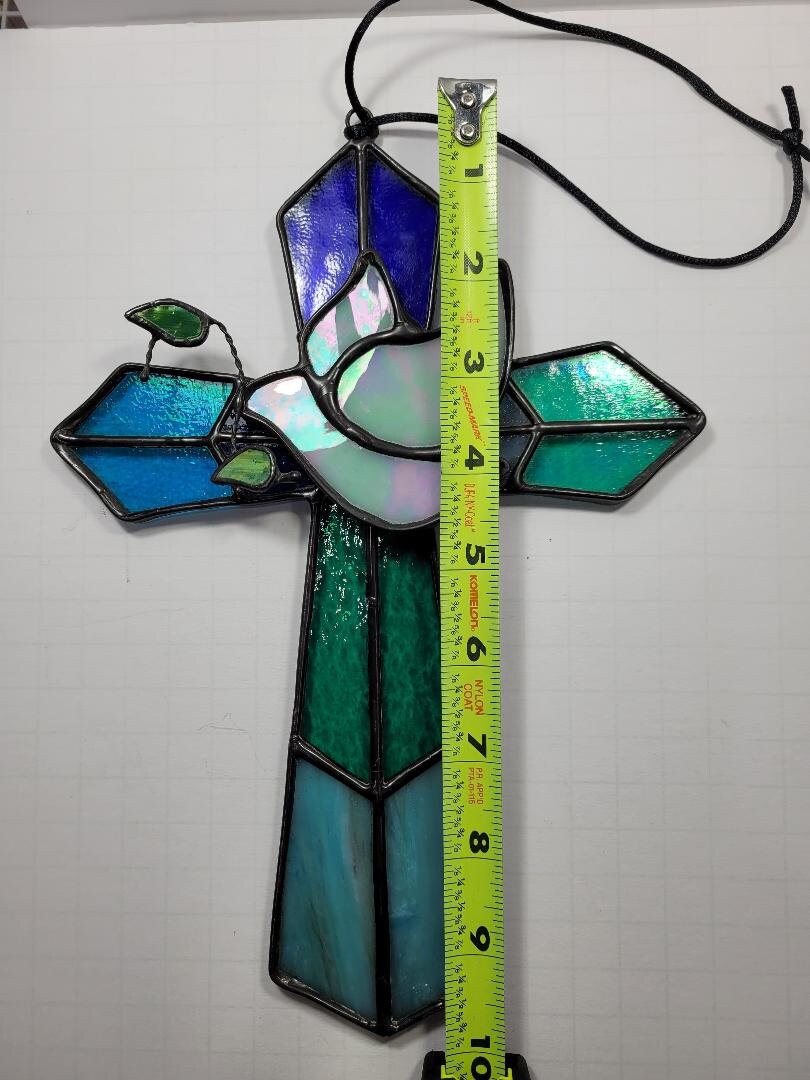 Stained Glass 3-D Cross w/Iridescent Glass Dove and Blue/Teal Glass Combination 7&quot; x 10&quot; Religion, Spiritual