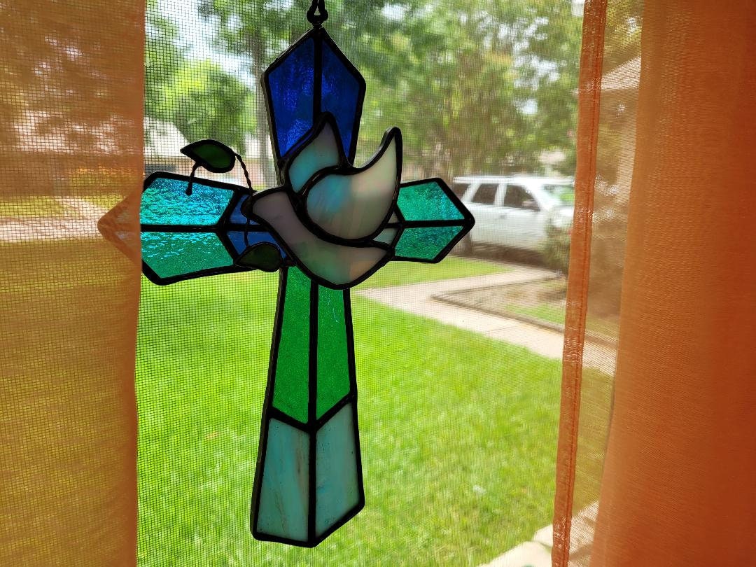 Stained Glass 3-D Cross w/Iridescent Glass Dove and Blue/Teal Glass Combination 7&quot; x 10&quot; Religion, Spiritual