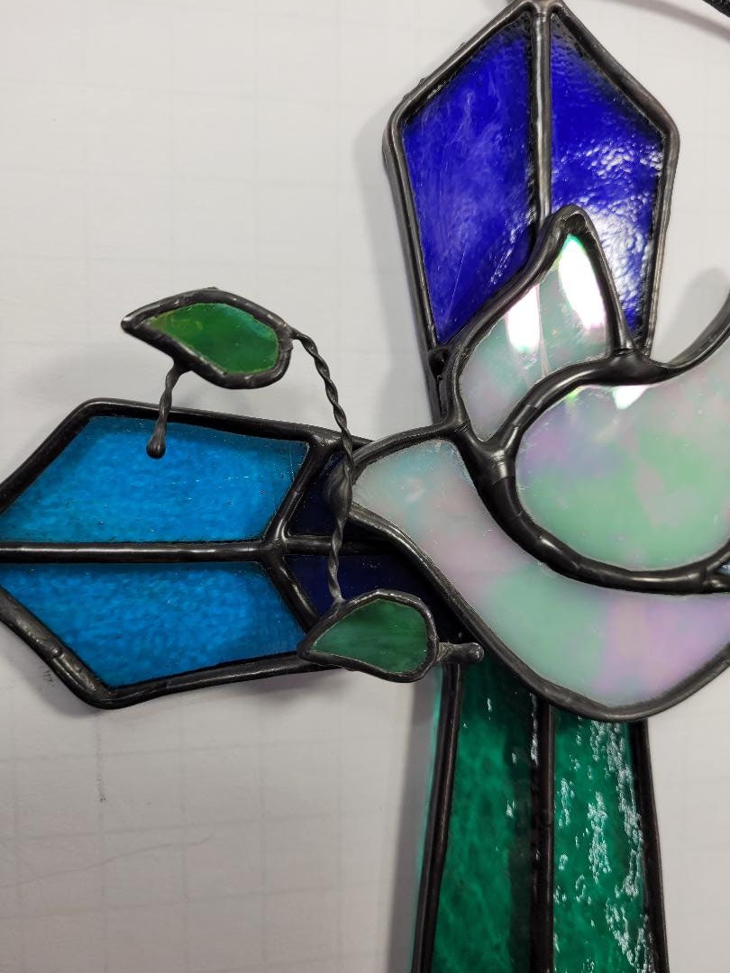 Stained Glass 3-D Cross w/Iridescent Glass Dove and Blue/Teal Glass Combination 7&quot; x 10&quot; Religion, Spiritual