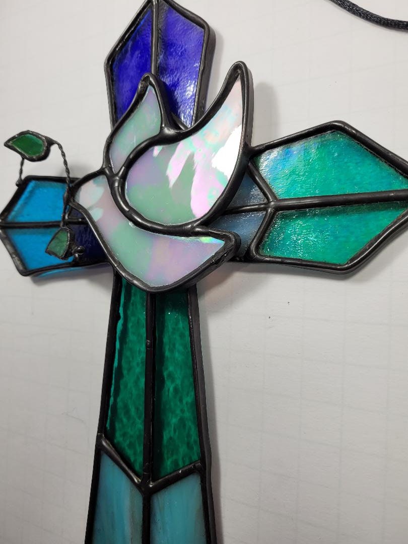 Stained Glass 3-D Cross w/Iridescent Glass Dove and Blue/Teal Glass Combination 7&quot; x 10&quot; Religion, Spiritual