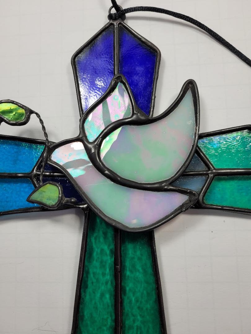 Stained Glass 3-D Cross w/Iridescent Glass Dove and Blue/Teal Glass Combination 7&quot; x 10&quot; Religion, Spiritual