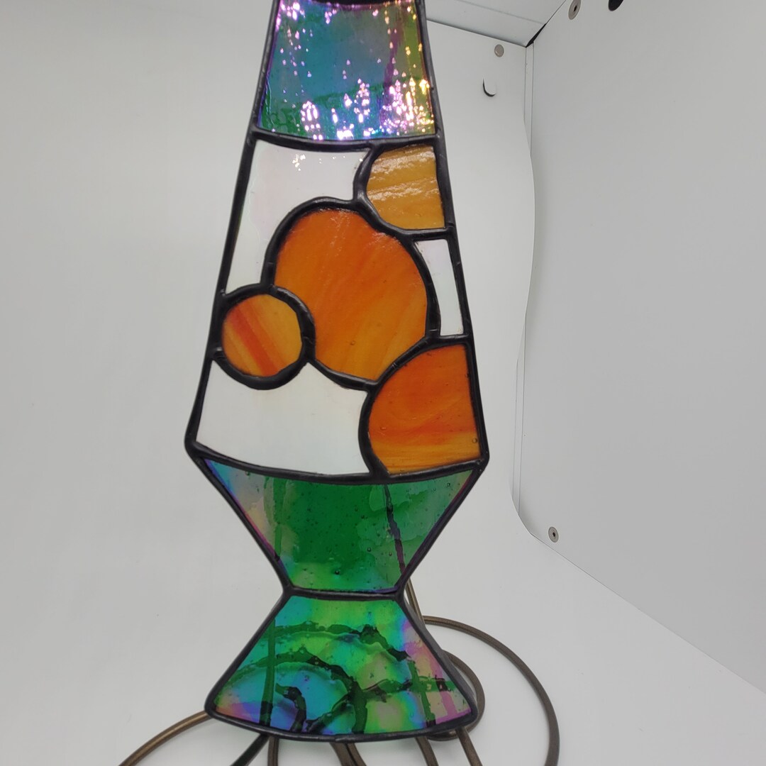 Lava Lamp Green Iridized Glass W/burned Orange Lava 4 X 10 Groovy/retro