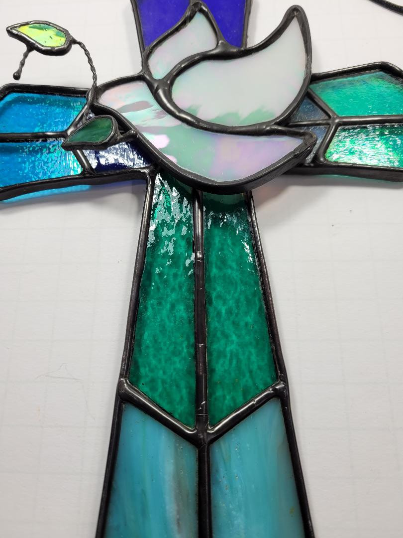 Stained Glass 3-D Cross w/Iridescent Glass Dove and Blue/Teal Glass Combination 7&quot; x 10&quot; Religion, Spiritual