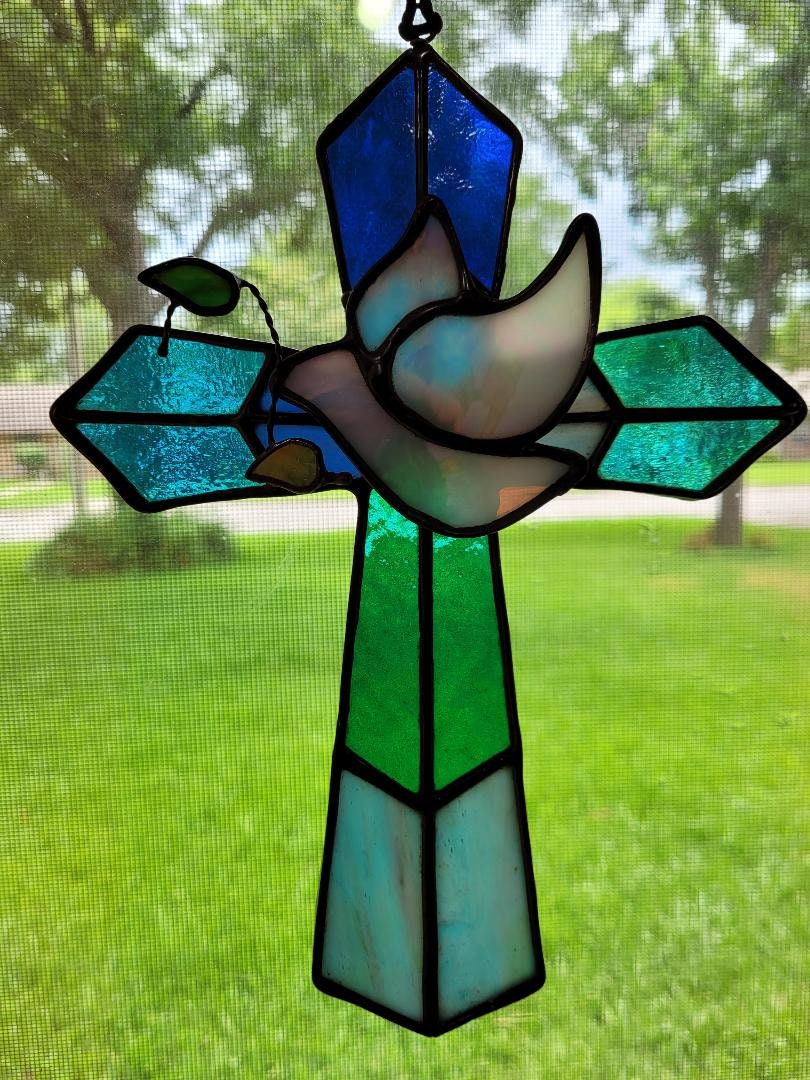 Stained Glass 3-D Cross w/Iridescent Glass Dove and Blue/Teal Glass Combination 7&quot; x 10&quot; Religion, Spiritual