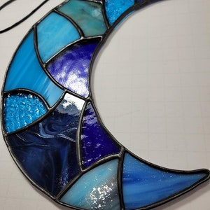 Stained Glass BLUE Moon Sun Catcher 7&quot; x 9&quot;, Sun, Stars, Celestial, Sky, Solar System, Zen, Chakra, Spiritual