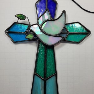 Stained Glass 3-D Cross w/Iridescent Glass Dove and Blue/Teal Glass Combination 7&quot; x 10&quot; Religion, Spiritual
