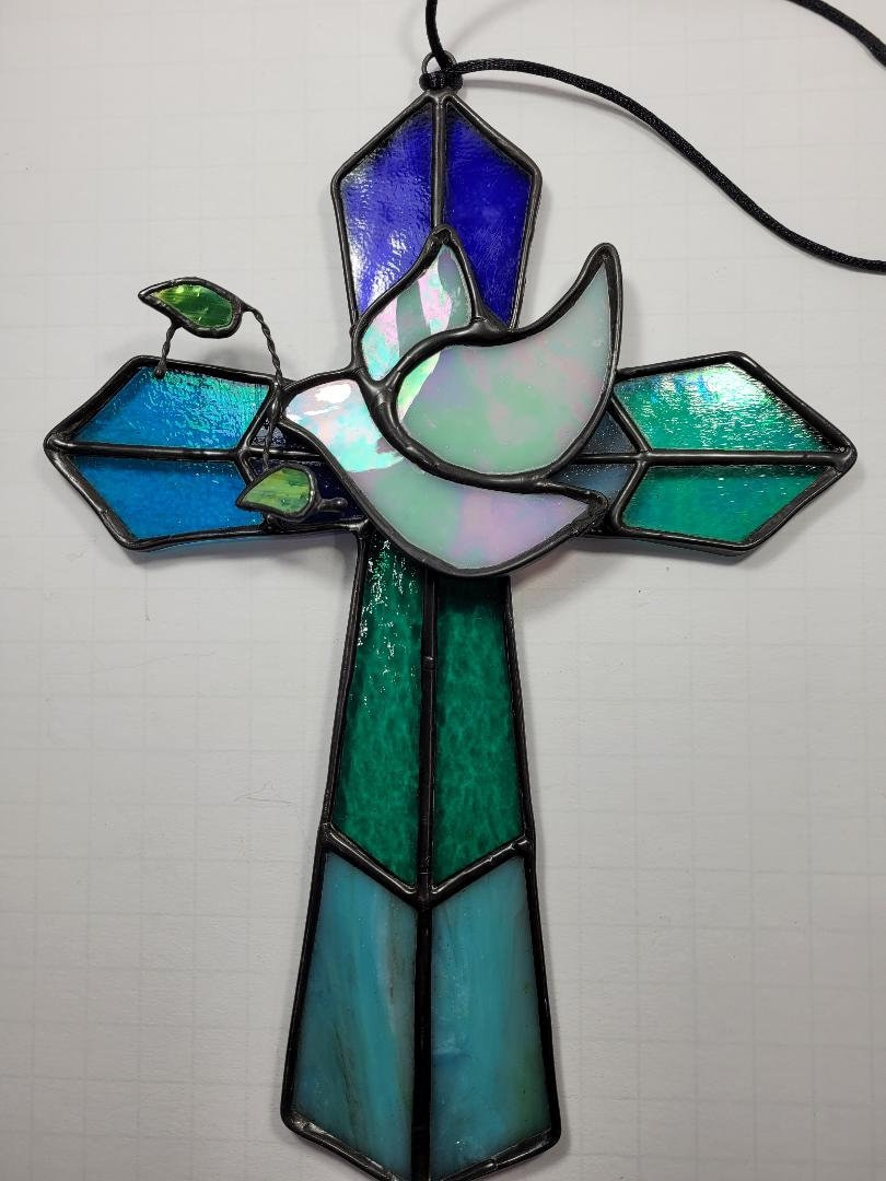 Stained Glass 3-D Cross w/Iridescent Glass Dove and Blue/Teal Glass Combination 7&quot; x 10&quot; Religion, Spiritual
