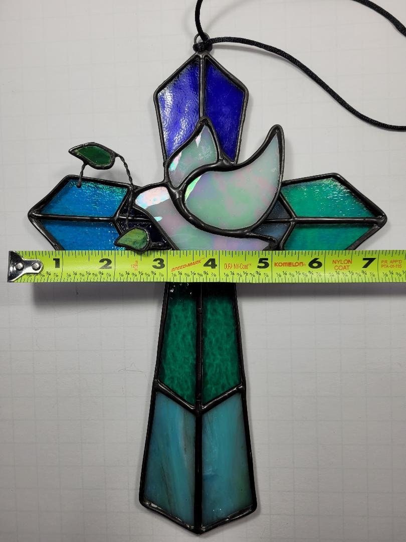 Stained Glass 3-D Cross w/Iridescent Glass Dove and Blue/Teal Glass Combination 7&quot; x 10&quot; Religion, Spiritual