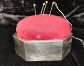 Antique silver sewing box with pincushion