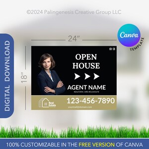 Pode incluir: Uma placa de open house imobiliário, com 61 cm de largura e 46 cm de altura, com fundo preto e texto branco. Apresenta uma foto de uma mulher, as palavras "OPEN HOUSE" e informações de contato.