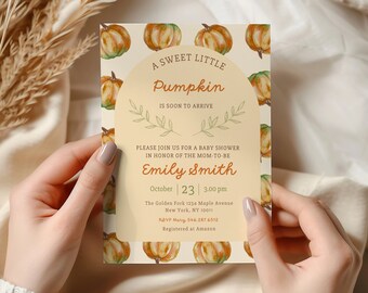 Kürbis-Babyparty-Einladung, personalisierte Herbstkarte, digitale Einladung, Canva-Postkartenvorlage, DIY Oktober-Babyparty