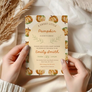 Invito Baby Shower Zucca, Biglietto Personalizzato Autunno, Partecipazione Digitale, Canva Template Cartolina, Baby Shower Fai da Te Ottobre