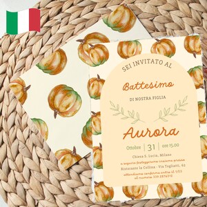 Invito Battesimo Autunno, Biglietto Personalizzato con Zucche, Partecipazione Digitale, Canva Template Cartolina,Battesimo Fai da Te Ottobre