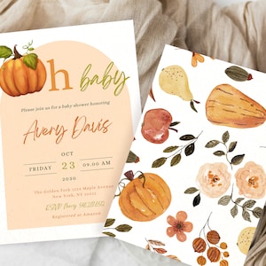 Baby Shower Invito Zucca, Biglietto Personalizzato Autunno, Partecipazione Digitale, Canva Template Cartolina, Gender Reveal DIY Ottobre