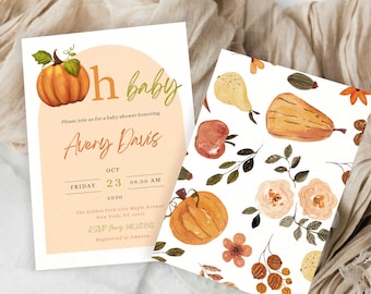 Kürbis-Babyparty-Einladung, personalisierte Herbstkarte, digitale Einladung, Canva-Postkartenvorlage, Gender Reveal DIY Oktober