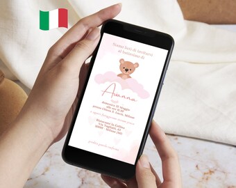 Whatsapp Digitale Taufeinladung, Bärenmädchen Einladung, Rosa Bär Digitale Einladung, elektronische Einladung Canva personalisierte Vorlage