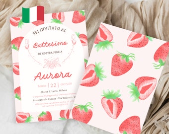 Baby-Taufeinladung für Mädchen, personalisierte Karte mit Erdbeeren, digitale Einladung, Canva-Postkartenvorlage, rosa DIY-Taufe