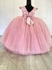 Flower Girl Long Dress With Bow & Headband, Dusty Pink Long Gown, Baby Girl Birthday Floor Length Pearl Dress, Pink Full Tutu Toddler Dress 