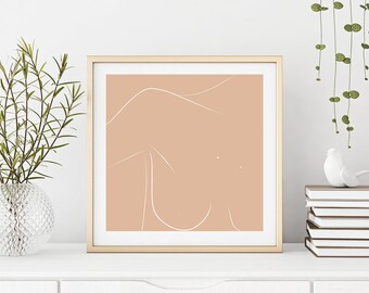 Minimalistic Erotic Line Art with White Lines and Nude Background, Digital PRINTABLE Art