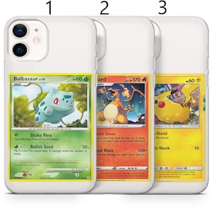 Coque Pikachu pour téléphone avec carte Pokémon adaptée pour iPhone 16 Pro Max, 15, 14, 13, 12, 11, XR, Samsung S24, S23, S22, A14, A55, Pixel 9, XL, 8 Pro