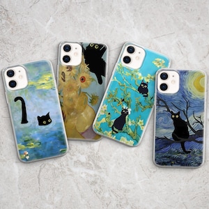 Van Gogh Phone Case Cat Meme Parody Cover fit for iPhone 16 Pro Max 15 14 13 12 11 XS Plus Samsung S25 S24 A55 A54 Pixel 7 8 9 Pro