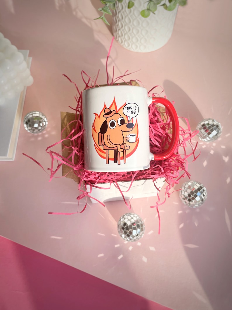 this is fine meme mug