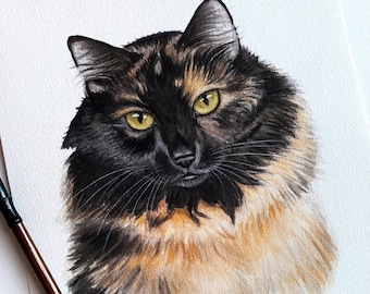 Original pet portrait custom hand painted, cat portrait painting watercolor from photo