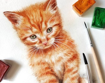 Cat portrait custom watercolor, cat and dog portrait from photo, pet memorial portrait, custom pet art commission, red cat