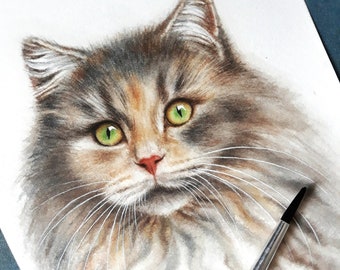 Custom cat portrait from photo, watercolor custom pet painting, cat portrait original, hand painted pet drawing