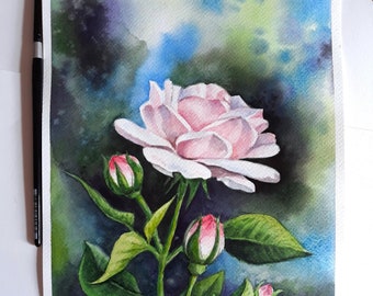 May include: Watercolor painting of a pink rose with green leaves and buds against a blue and green background.