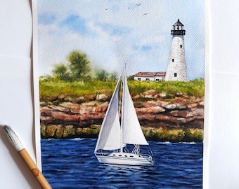 Seascape painting original watercolor, landscape watercolor painting, sea painting, nautical painting, sailboat and lighthouse painting