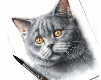 Custom cat portrait painting hand painted, original watercolor pet portrait from photo, cat memorial painting, pet loss art from photo