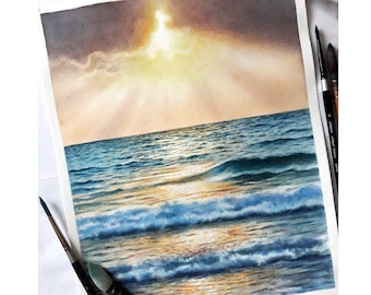 Zeegezicht schilderij aquarel, landschapsschilderkunst origineel, zeeschilderij, nautisch schilderij, zeemuurkunst, kunst aan de muur zonsopgang