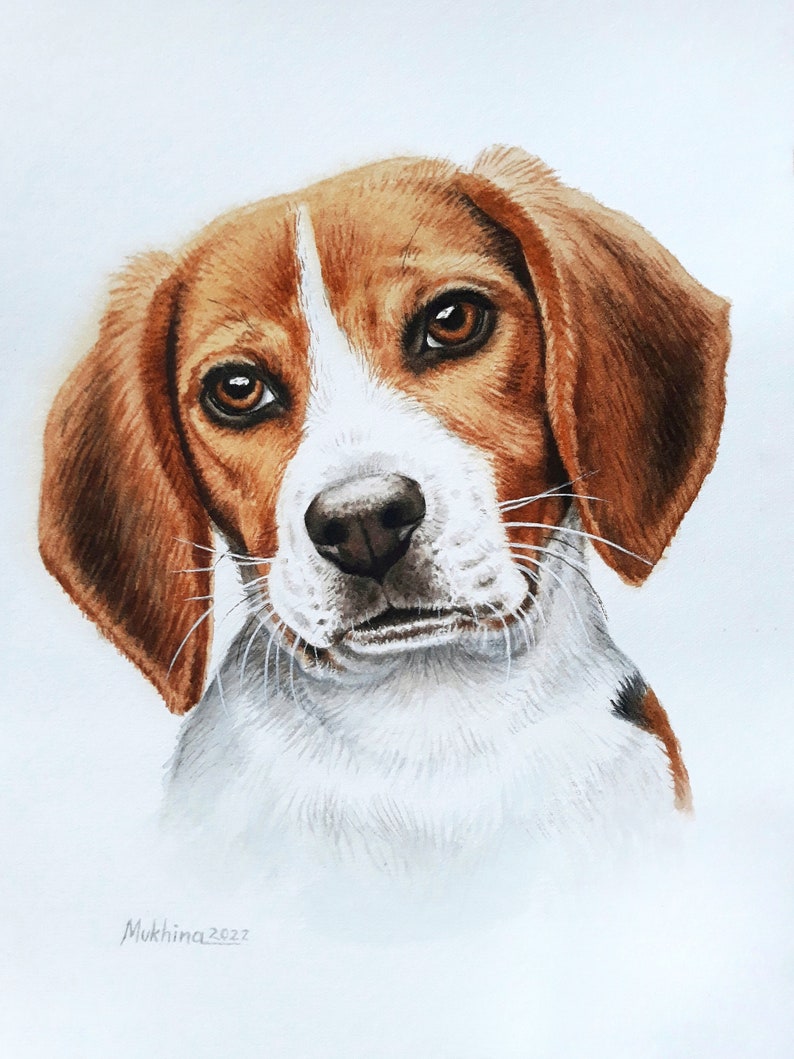 May include: Watercolor painting of a beagle dog with brown and white fur. The dog has brown eyes and a white nose. The painting is on a white background.