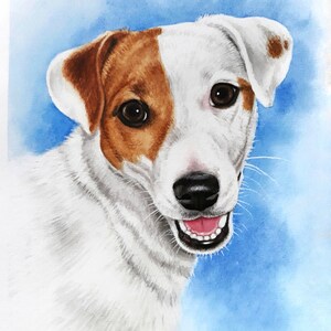 May include: A watercolor painting of a Jack Russell Terrier dog with white and brown fur. The dog is looking at the viewer with a happy expression and its mouth is open, showing its teeth. The background is a light blue.