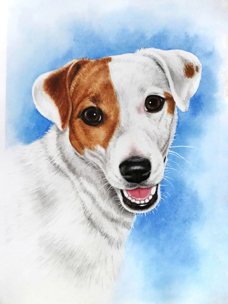 May include: A watercolor painting of a Jack Russell Terrier dog with white and brown fur. The dog is looking at the viewer with a happy expression and its mouth is open, showing its teeth. The background is a light blue.