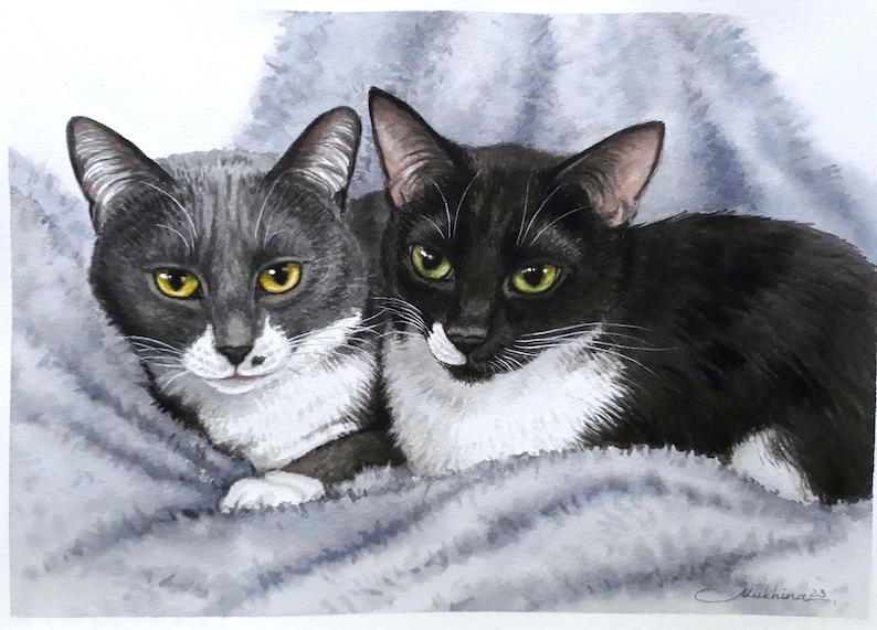 May include: Two cats, one gray and white and one black and white, are lying on a gray blanket. They are both looking at the camera.