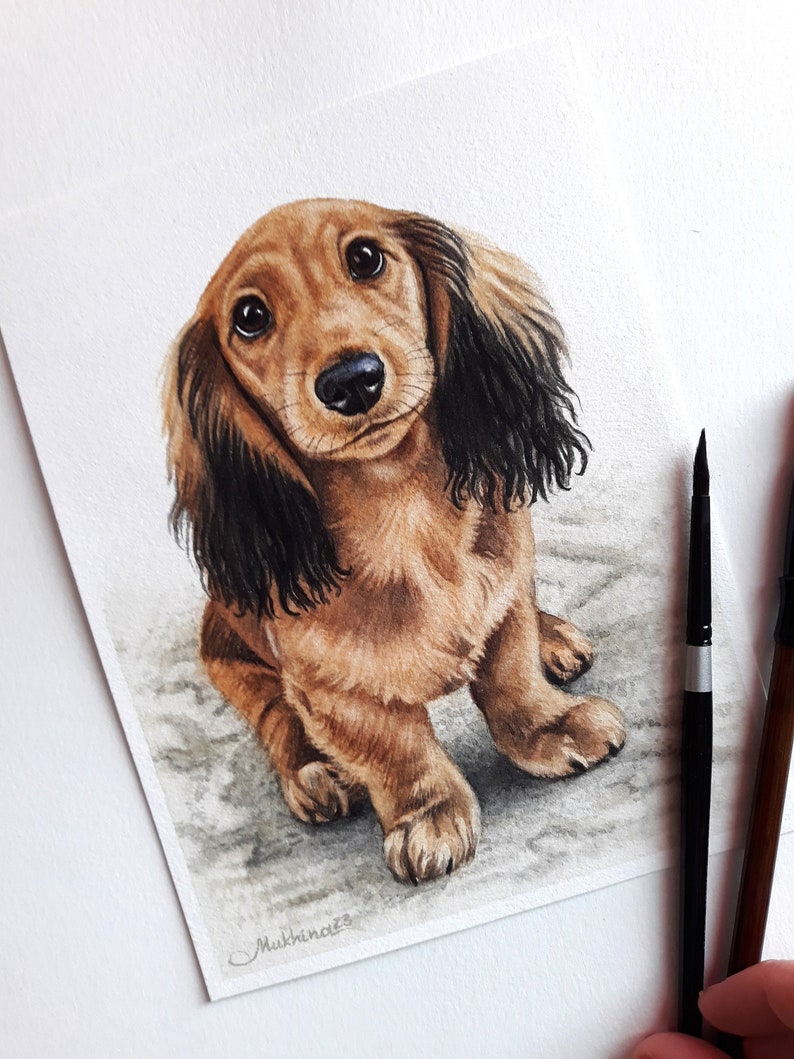 May include: Watercolor painting of a brown and black dachshund puppy looking up with big brown eyes. The puppy is sitting on a light gray background.