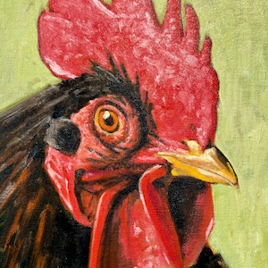 Original Oil Painting of Red Rooster Chicken Animal Art Wall Decor Farm Artwork Unframed