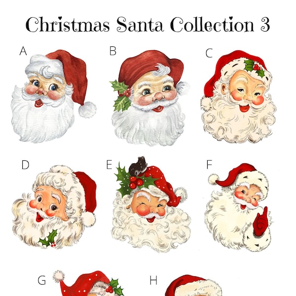 Christmas Santa Collection 3 - Transparent or White Waterproof Vinyl Stickers, Vintage Santa, Sticker Bundle, Sticker Decals, Bottle, Party