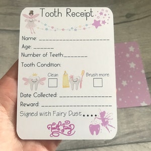 Reçus de fée des dents roses ou bleus (lot de 6) souvenir, enfants, dent perdue, première dent