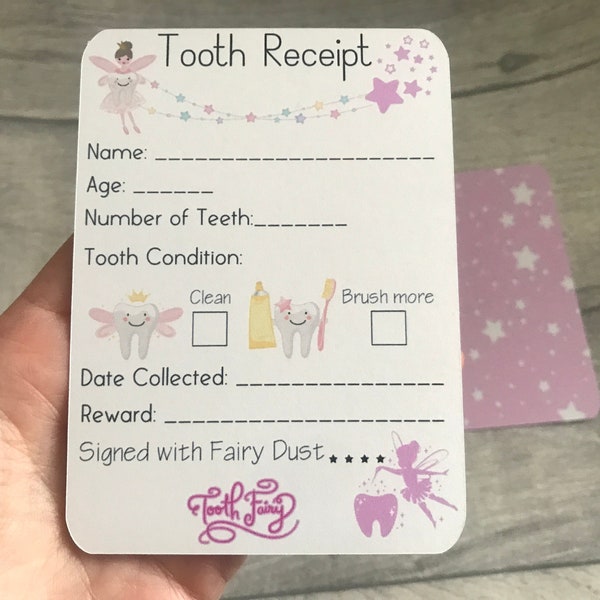 Tooth Fairy Receipts Pink or Blue (Pack of 6) Keepsake, Children, Lost Tooth, First Tooth