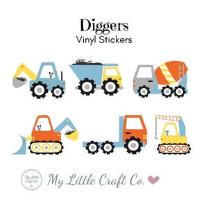 Pegatinas - Diggers - Pegatinas de vinilo transparente o blanco a prueba de agua, paquete de pegatinas, calcomanías, botellas, fiesta, guardería, dormitorio, paredes