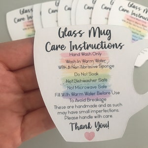 Tarjetas de cuidado de tazas de vidrio, instrucciones de cuidado de tazas de vidrio