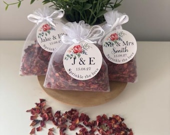 Rose Petal Confetti in White Organza Bags. Personalised, Biodegradable