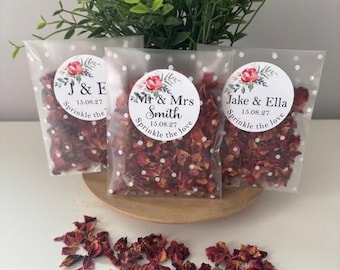 Rose Petal Confetti in White Dotty Cello Bags. Personalised, Biodegradable