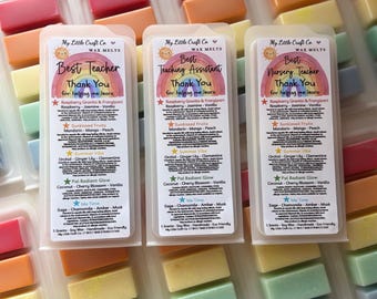 Thank you Teacher, Assistant, Nursery, end of Term Gift, 5 Individual Scents, Highly Scented Soy Wax Melts, Choice of Label