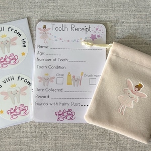 Paquete del Hada de los Dientes, 6 recibos, 6 pegatinas y bolsa del Hada de los Dientes, rosa o azul, hito infantil, recuerdo, regalo, niños