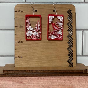 Japanese "Hanafuda" style dangle earrings - "February 2" (Wood or Acrylic)